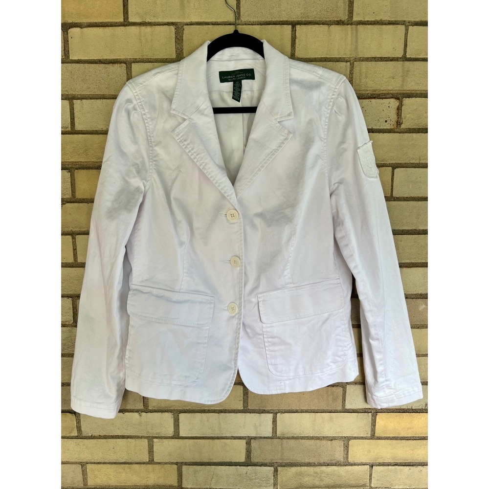 Lauren Ralph Lauren White Denim Blazer Crest Patch Jacket Size 12 Large